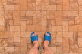 Male feet in blue house slippers stand on brown tile floor with abstract stone pattern texture background, top view Royalty Free Stock Photo