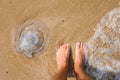 Male feet next to a huge jellyfish on the seashore.