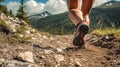 Male feet run through rocky terrain. Cross country running with focus on legs