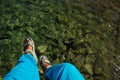 Male feet in sandals above shallow water reservoir background scenic top view wallpaper empty copy space for your text here Royalty Free Stock Photo