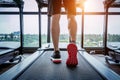 Male feet in sneakers running on the treadmill at the gym. Exercise concept Royalty Free Stock Photo