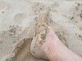 male feet and toes in sand on beach Royalty Free Stock Photo