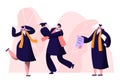 Male and Female Alumnus Graduating University, College or School. Cheerful People In Academical Cap and Gown Rejoice, Professor