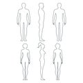 Male and female anatomy human character, people dummy front and view side body silhouette, isolated on white, flat vector