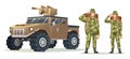 Male and female army soldier carrying backpack characters with military vehicle