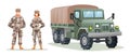 Male and female army soldier characters with military truck