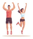 Male and female athletes celebrate victory with raised arms. Fit couple happy after a workout. Joy and success in