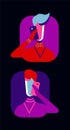 Male and female communicating with smartphones avatars for UI - UX design, minimalist flat style