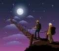 A male and female backpack carrying a backpack is about to walk up a wooden bridge that leads to the moon.