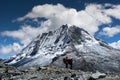 Male and female backpacker trekking through the Andes in Peru and admiring the view Royalty Free Stock Photo