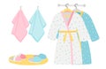 Male and female bathrobes, slippers and towels vector elements Royalty Free Stock Photo