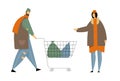 Male and Female Beggars Characters Wearing Ragged Clothing Pick Up Garbage on Street to Shopping Cart, Homeless Adult