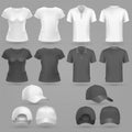 Male and female black white t-shirt and baseball cap vector 3d mockup isolated