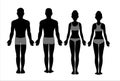 Male and female body chart silhouette, front and back view, blank human body template for medical infographic