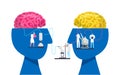 Male and female brain, human heads, man and woman faces profiles with brains and scientists research gender differences