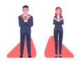 Male and female businessman standing with arms crossed and no gesture. Rejection and stop. Business young people showing