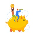 Male and Female Businesspeople Characters Riding Piggy Bank with Coin and Spyglass. Family Savings Management