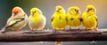 Male and female canaries perched on wooden branch, natural background