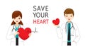 Male And Female Cardiologists With Hearts In Hands And Save Your Heart Texts