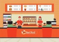 Male and female cashier at fast food restaurant interior. Royalty Free Stock Photo