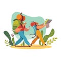 Male and female characters backpacker with map in forest, travel and trip vector illustration, isolated on white