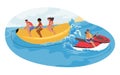 Male and Female Characters Enjoying A Thrilling Activity Of Riding A Banana-shaped Inflatable Raft As It Skims Across