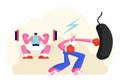 Male and Female Characters Exercising in Gym. Strong Man Squatting with Weight, Woman Boxing Punching Bag. Powerlifter