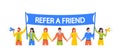 Male And Female Characters Holding Hands Promoting Referral Program. Group Of People With Loudspeakers Holding Banner