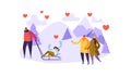 Male and Female Characters in Love on Winter Landscape. Happy Couples Romantic Day in the Mountains. Valentines Card