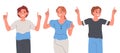 Male and female characters pointing with index fingers. Cheerful people indicating and pointing up flat vector illustration on Royalty Free Stock Photo
