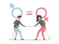 Male and female characters pulling rope against each other vector flat illustration. Battle of sexes concept. Royalty Free Stock Photo