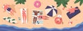 Male And Female Characters Relaxing On A Sun-drenched Beach, Spreading Colorful Towels On Golden Sand
