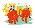 Male and Female Characters Riding on Elephants during Summertime Vacation in Tropical Country