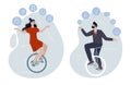 Male and female characters are riding unicycle and juggling office related elements Royalty Free Stock Photo