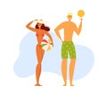 Male and Female Characters Spend Time on Exotic Resort Beach, Young Sexy Tanned Girl in Bikini and Hat, Sporty Man