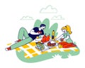 Male and Female Characters Spend Time Outdoors on Picnic Eating Fried Fat Food Pizza, Chicken and Drinking Soda