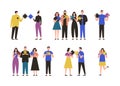 Male and female characters standing alone, in pair or group and holding jigsaw puzzle pieces. Concept of connection Royalty Free Stock Photo