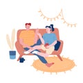 Male Female Characters Together on Weekend Evening. Young Loving Couple Sitting on Couch in Living Room Drinking Tea