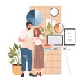 Male and female characters working at design studio flat illustration. Creative workers at workplace vector concept. Royalty Free Stock Photo