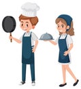 Male and female chef in blue apron