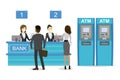 Male and female clients standing and talking to managers of bank or credit department. ATM Bank Cash Machines