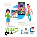 Male and female communicates using video chat on smartphone. video call concept. typographic for header design - illustrati