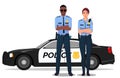 Male and Female Cop Standing Next to Police Car, Policeman and Policewoman in Uniform illustration