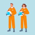 Male and female cosmonaut with helmet and spacesuit. man woman astronout character