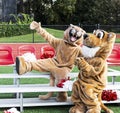 Two cougar mascots on small bleachers