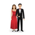 Male and female couple in elegant clothes for official social events. Black tie dress code. Cocktail evening.