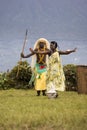 Male and female dancers in Rwanda native dance troop, Virunga, A