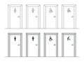 Male female disabled restroom, parenting room. Vector illustration of toilet doors with icons of disabled man woman, mother and