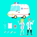 Male and female doctor with ambulance car and equipment set for hospital in blue background