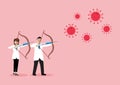 Male and female Doctors fighting with coronavirus by syringe with vaccine